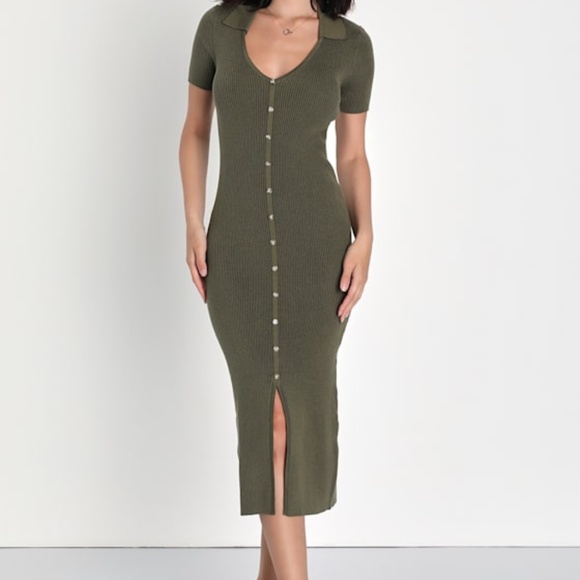 Lulus Excellent Energy Olive Green Ribbed Knit Collared Midi Dress - Size S - Picture 1 of 3